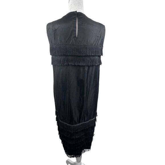 VTG 60s Black Satin Fringe Flapper Dress Size M Handmade Disco Hippy Whimsigoth - Picture 5 of 8